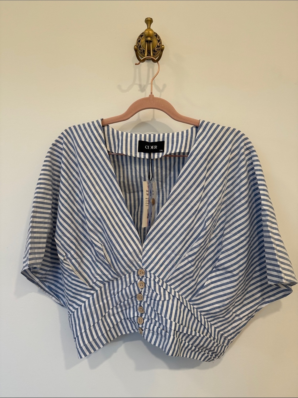 Blue & White Striped V-Neck Button Front Blouse